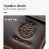Close-up of a dark brown leather wallet featuring an embossed lion head logo and the word SCELATUM.