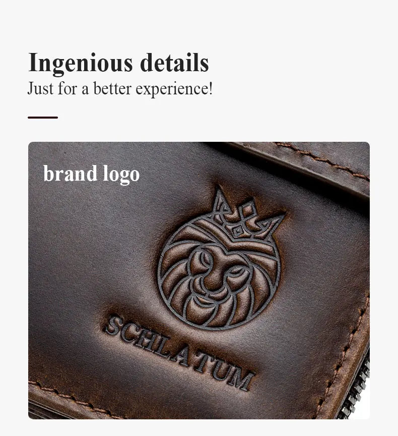 Close-up of a dark brown leather wallet featuring an embossed lion head logo and the word SCELATUM.