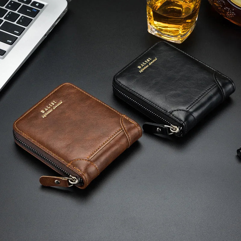 Men's Retro PU Leather Bifold Wallet with Zipper and Coin Pocket