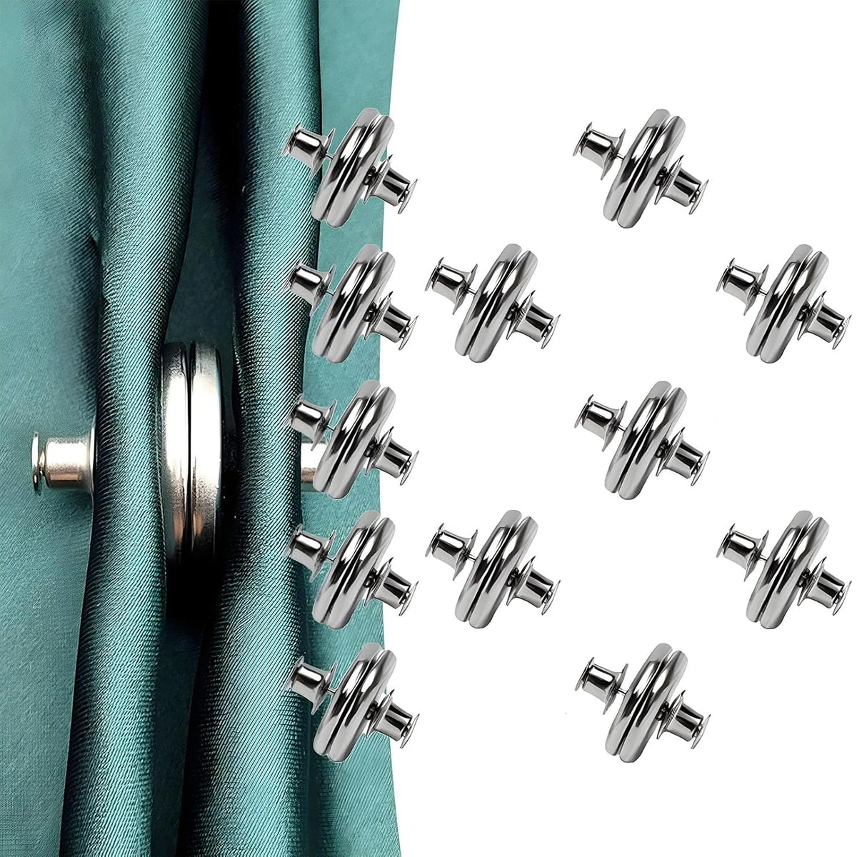 Silver magnetic curtain clips scattered on a white background with a teal fabric in the background