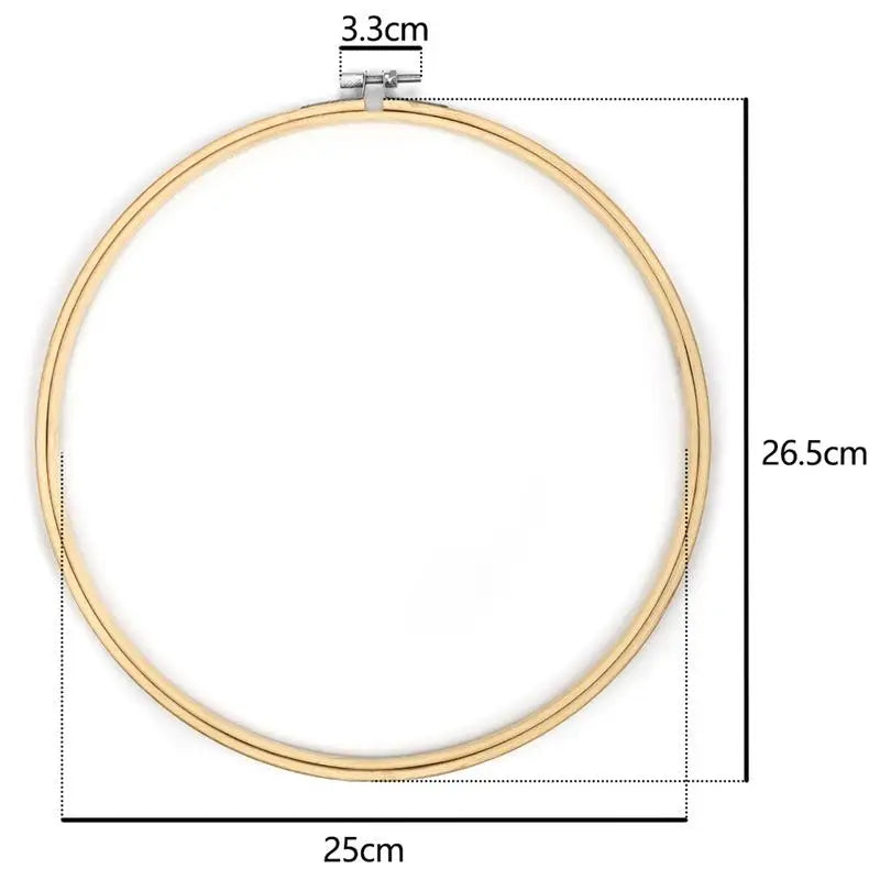 A circular bamboo embroidery hoop with a 3.3cm adjustable screw, measuring 25cm in diameter.