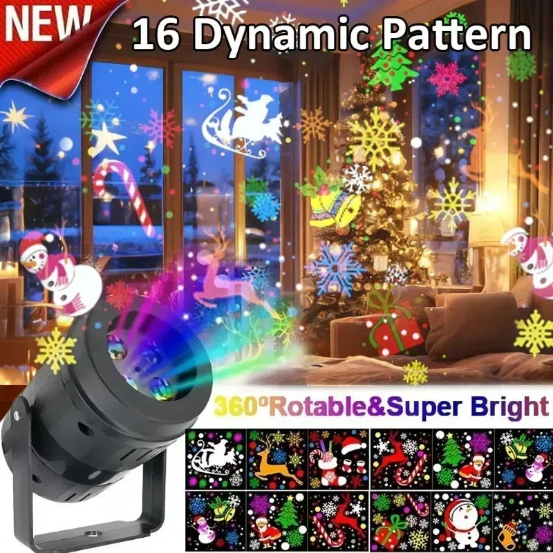 A rotating Christmas projector light showing 16 dynamic festive patterns on a tree and window.