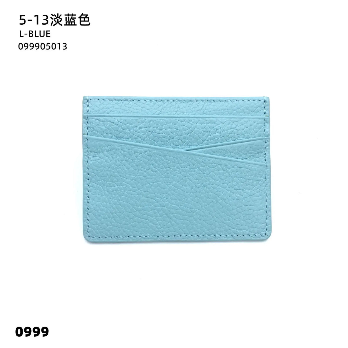 A light blue genuine leather slim card holder wallet with a textured finish.