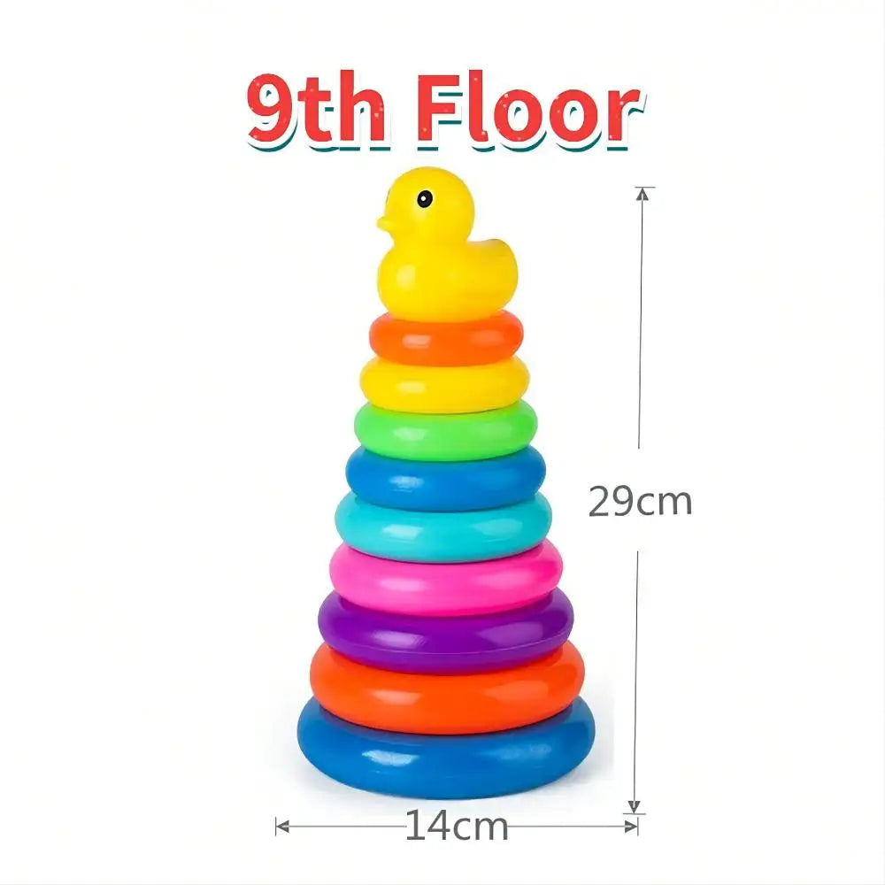 A yellow Montessori rolling ball tower with colorful rings, measuring 29cm high and 14cm wide.