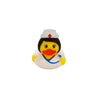 A yellow rubber duck bath toy with a face and a red cross detail.