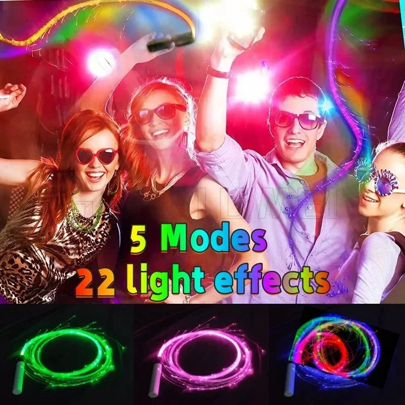 A collection of light effects demonstrating 5 modes and 22 light effects from an LED fiber optic dance whip.