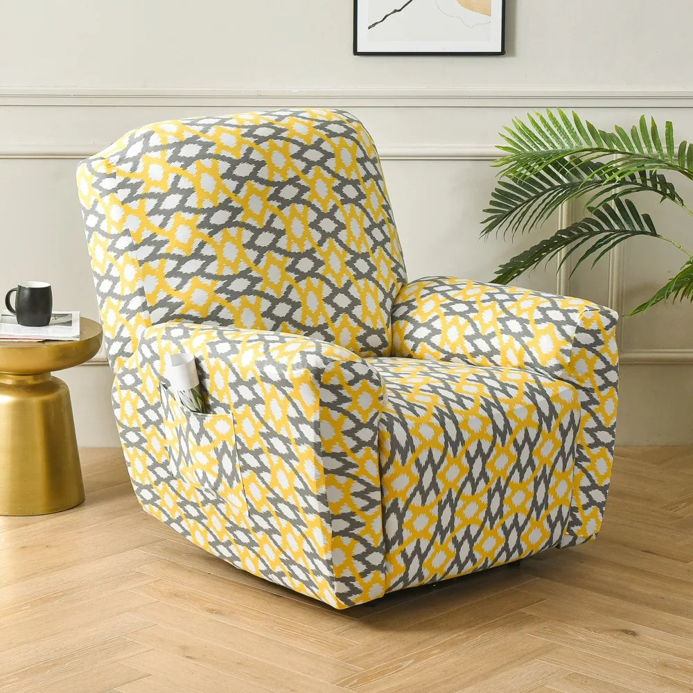 Printed Recliner Cover with Side Pocket — 4-Piece Set