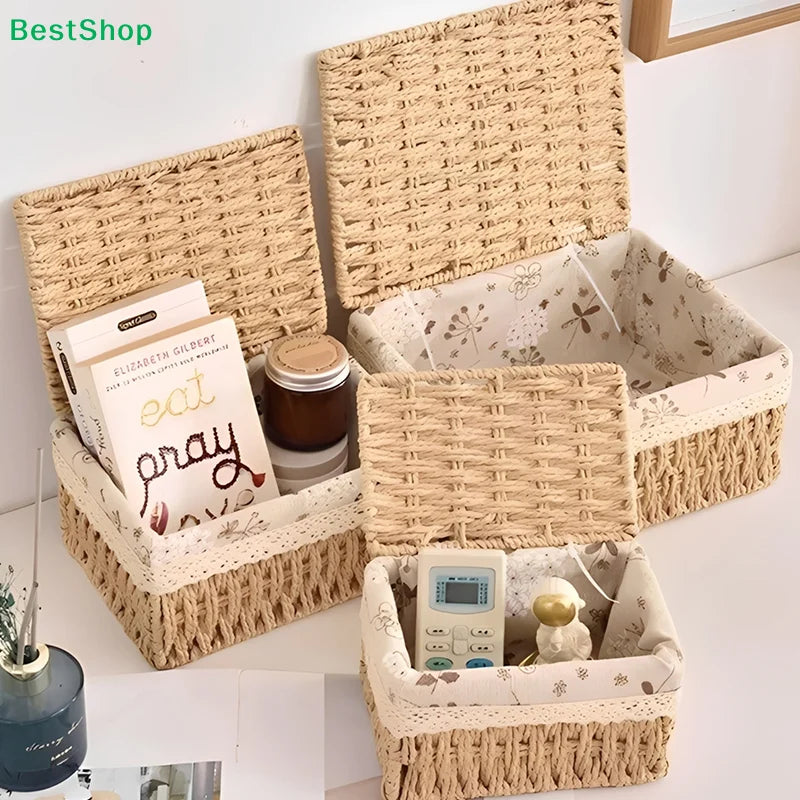 A natural woven rattan storage basket with a lid is shown, containing various items like books and a small figurine.
