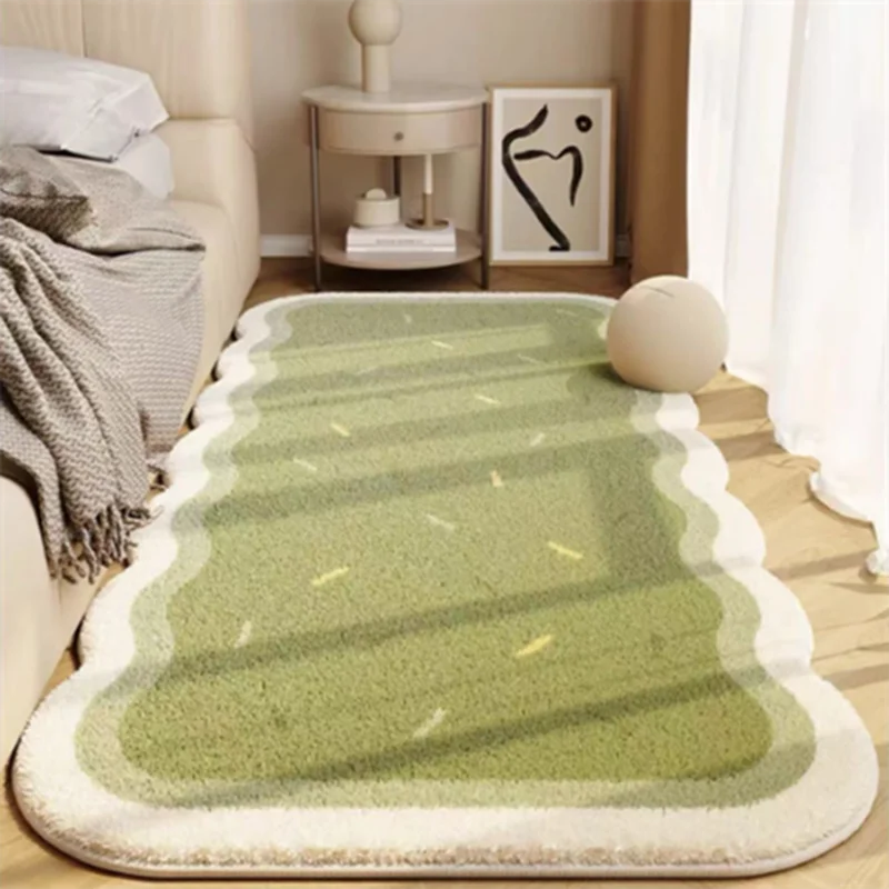 A rectangular light green plush non-slip decorative area rug placed on a wooden floor.