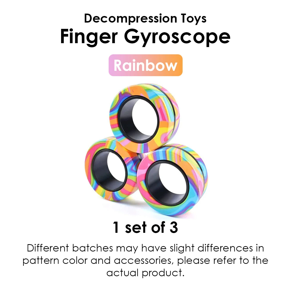 A set of three colorful magnetic fidget rings with rainbow patterns.