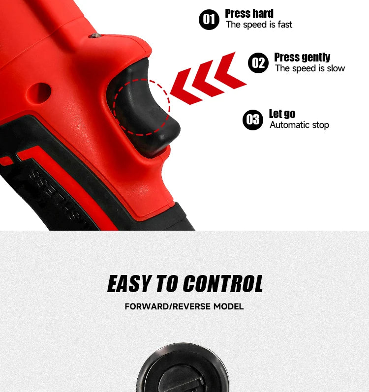 Close-up of a red cordless right angle ratchet wrench showing instructions for pressing and releasing the tool.