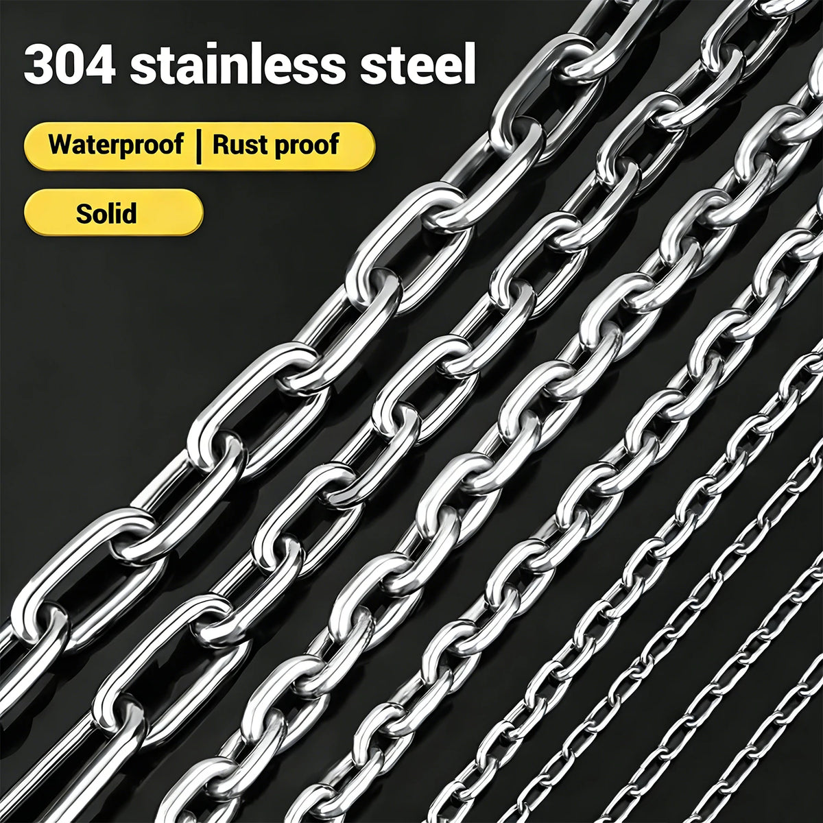 Close-up view of several heavy-duty 304 stainless steel chains with a metallic finish.