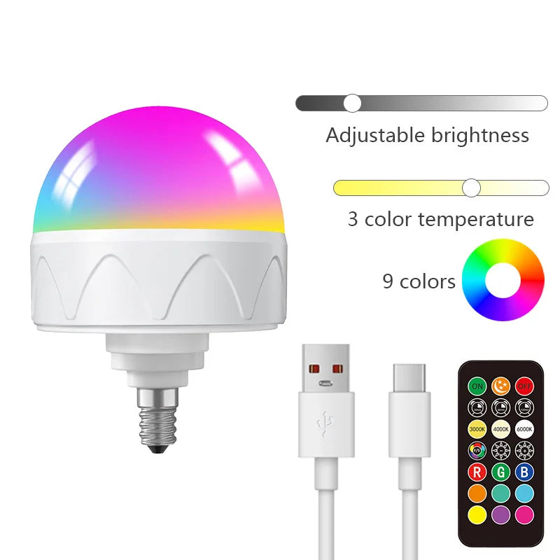 A white LED smart bulb with a colorful gradient light, showing adjustable brightness and 9 colors.
