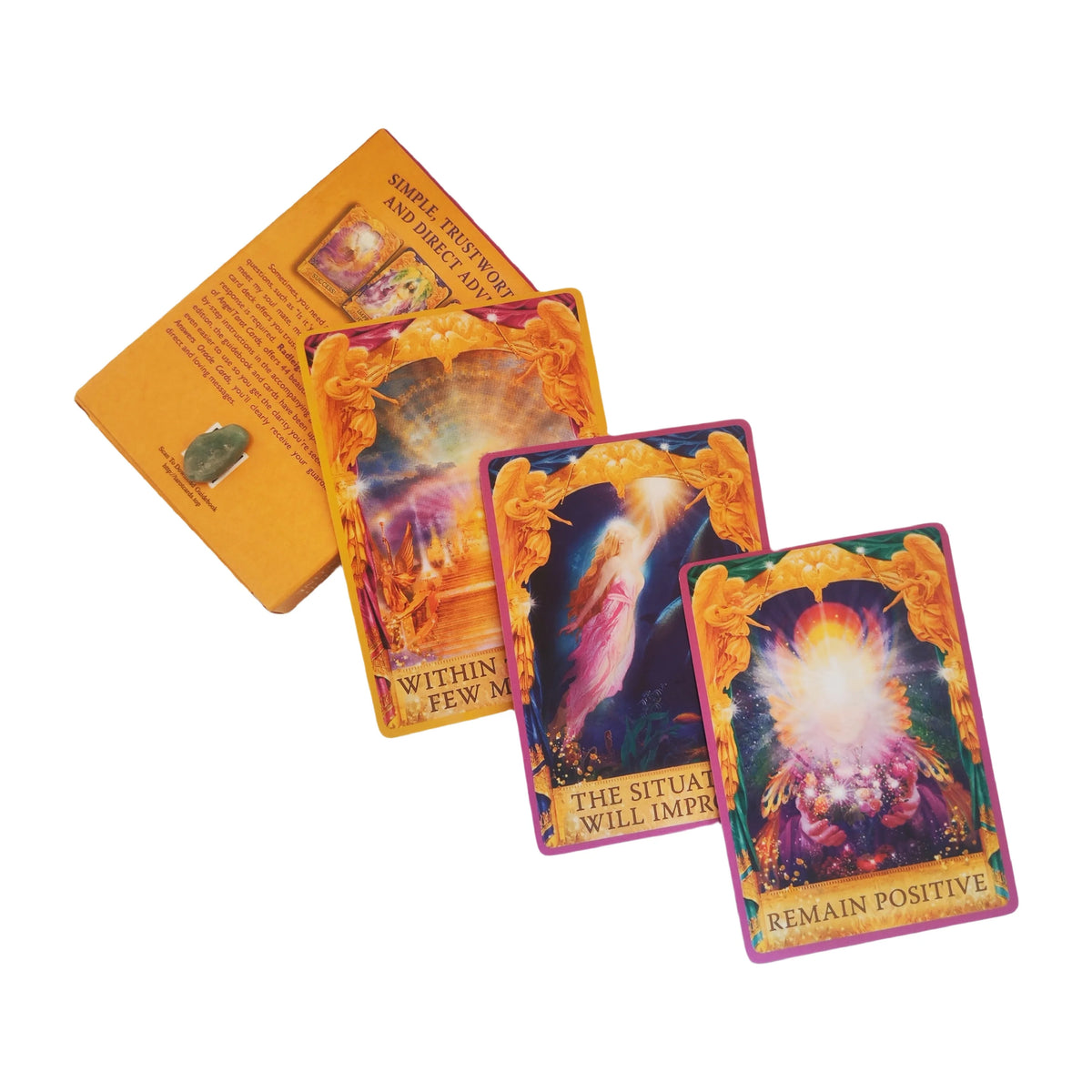 A stack of tarot oracle decks featuring mystical imagery and text on a white background.