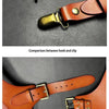 Comparison between a hook and a clip, followed by an adjustable leather double shoulder suspender.