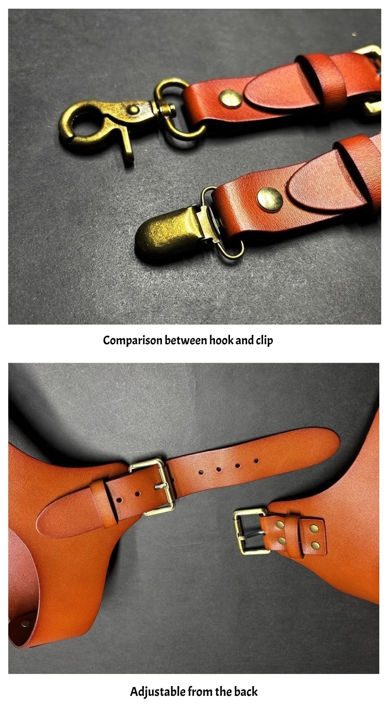 Comparison between a hook and a clip, followed by an adjustable leather double shoulder suspender.