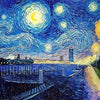 An oil painting depicting a vibrant night sky with swirling stars above a landscape and water.