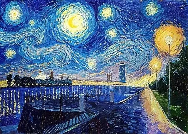 An oil painting depicting a vibrant night sky with swirling stars above a landscape and water.