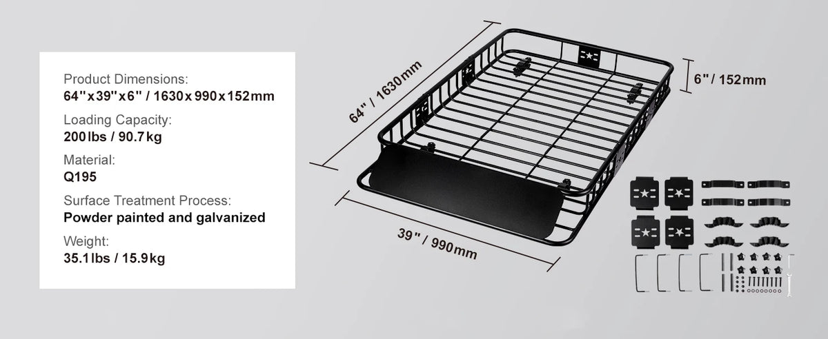 Heavy-Duty Roof Rack Cargo Basket with Wind Fairing