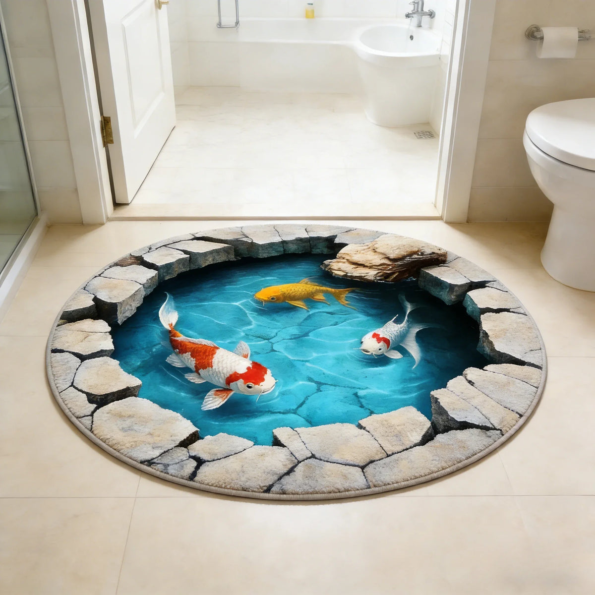 A round non-slip rug with a koi fish pattern is placed in a shallow, circular water feature on a tiled floor.