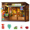 A wooden model of a vintage Japanese corner shop display with glass cabinets and various items.