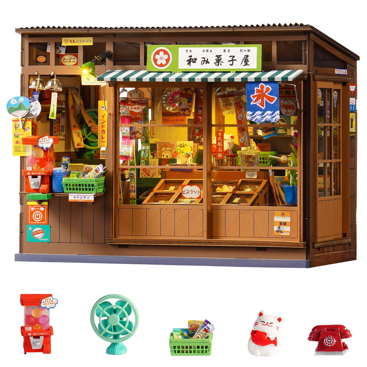A wooden model of a vintage Japanese corner shop display with glass cabinets and various items.