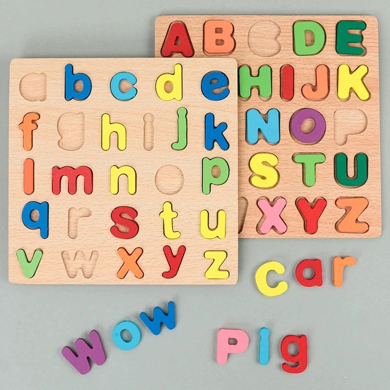 A wooden alphabet puzzle featuring large letters and lowercase letters cut from natural wood blocks.