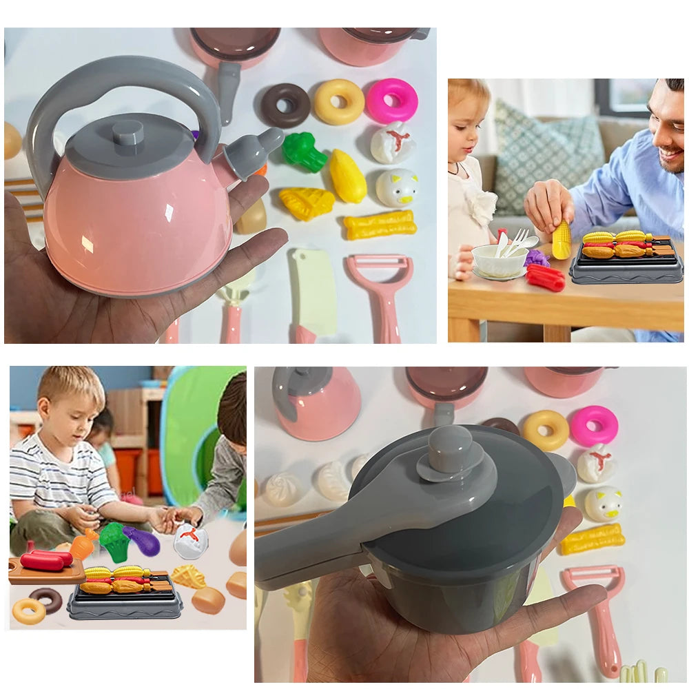 A hand holds a pink pot and pan set with various colorful pretend food items for kids play.