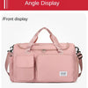 A pink travel duffel bag with an angle display feature and a front display option.