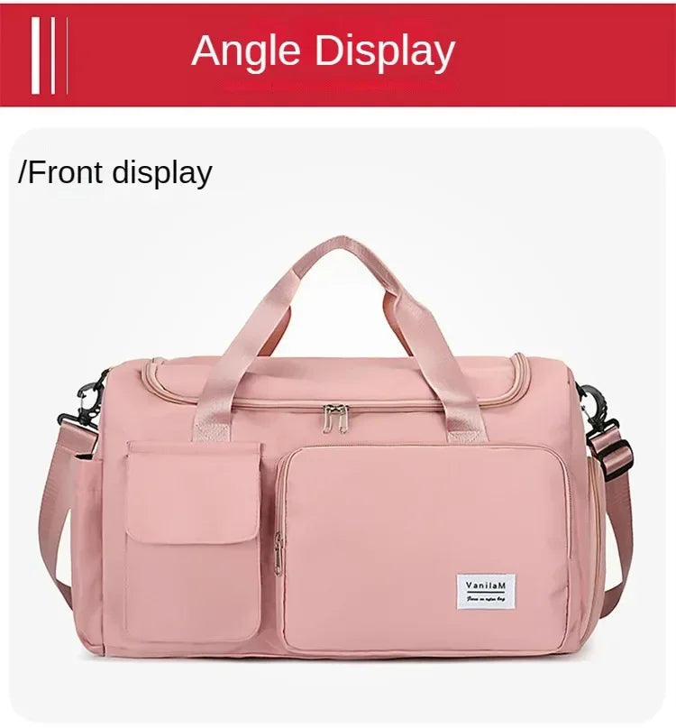A pink travel duffel bag with an angle display feature and a front display option.