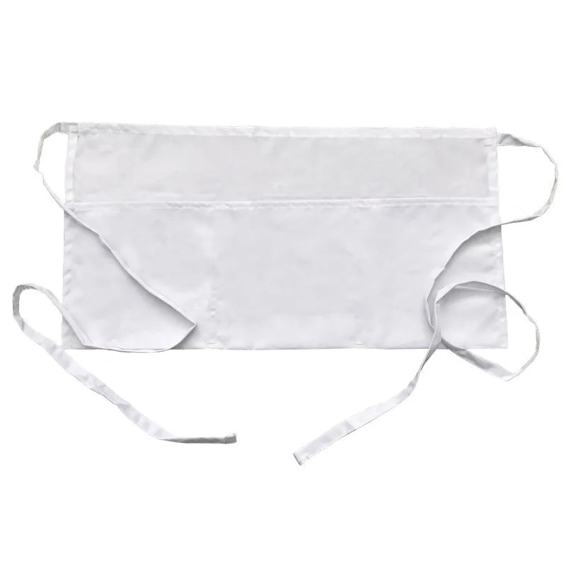 White fabric waist apron with ties and three pockets