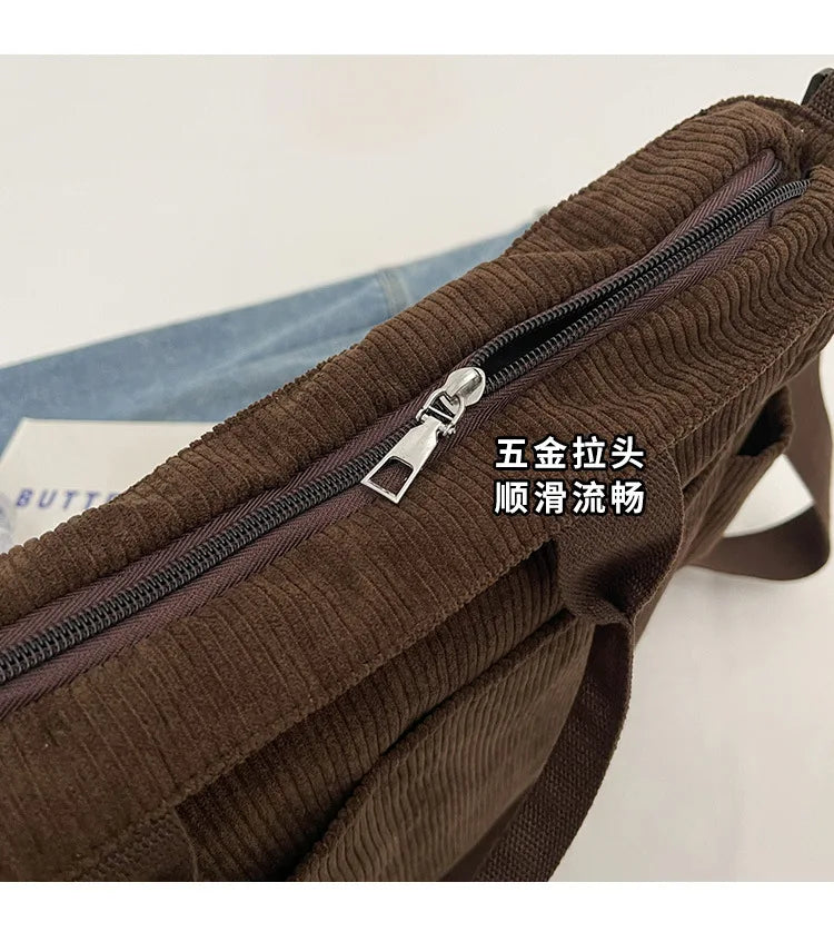Multi-Pocket Corduroy Tote Bag – Large Capacity Casual Satchel for Travel, Work & Commute