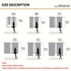 A diagram showing various sizes of sheer curtains, ranging from 21 inches to 42 inches in width and 52.5 cm to 107 cm in leng