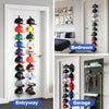 Over-the-door hat organizer with a two-way hanging display showing various colored hats in an entryway and garage.