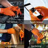 Four panels showing heavy-duty orange nitrile work gloves in various contexts: car service, touch screen use, industrial work