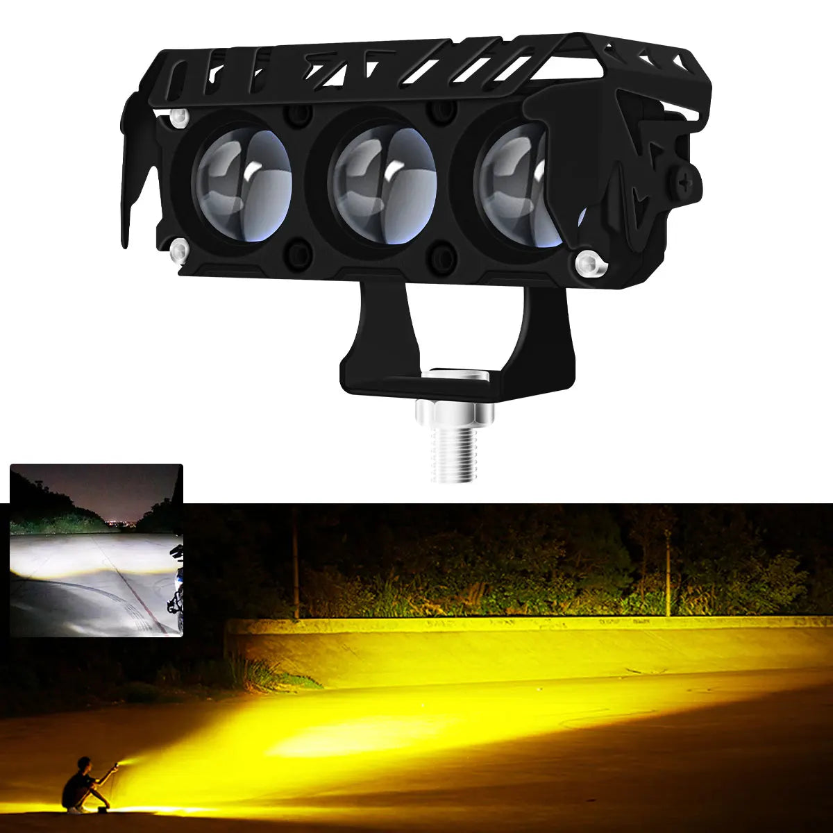 Black motorcycle dual-color LED spotlight with hi/low beam mounted on a bracket.