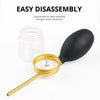 A gold-colored nozzle and black spoon are shown next to a clear glass jar, demonstrating an easy disassembly tool for a hair 