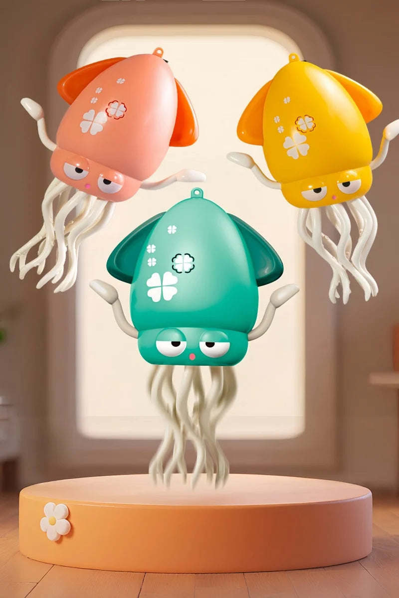 Three colorful octopus toys in pink, yellow, and green are displayed against a light background.