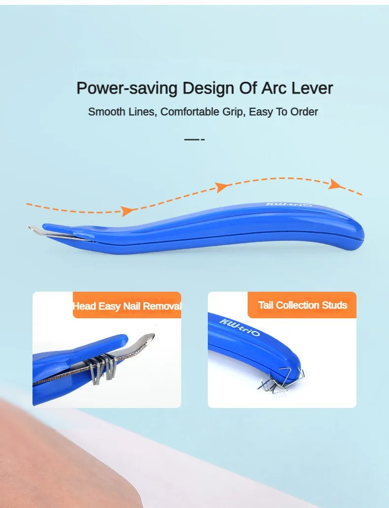 A blue magnetic staple remover pen with an ergonomic grip shown in various uses.