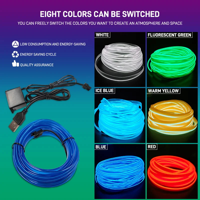 Eight colors of flexible USB LED neon strips shown in various colors like white, green, blue, yellow, and red.