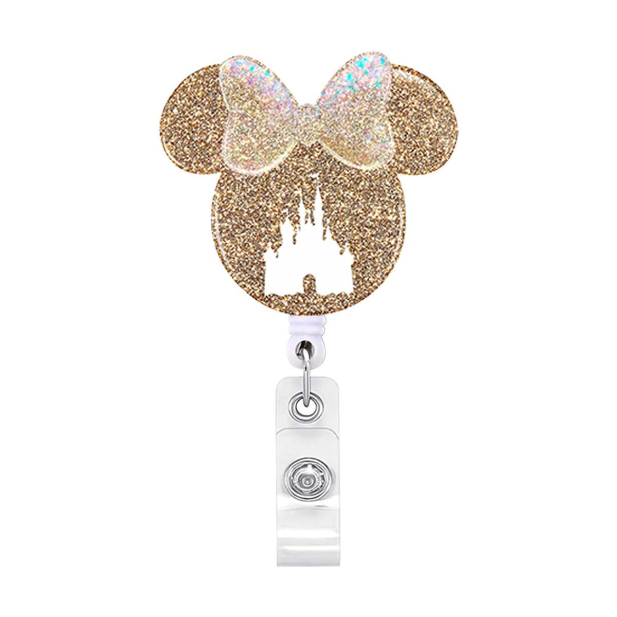 A gold glitter Mickey Mouse shaped badge reel with a nurse icon and retractable ID holder.