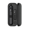 A black electric screwdriver with a cylindrical body and a side panel showing various buttons and controls.