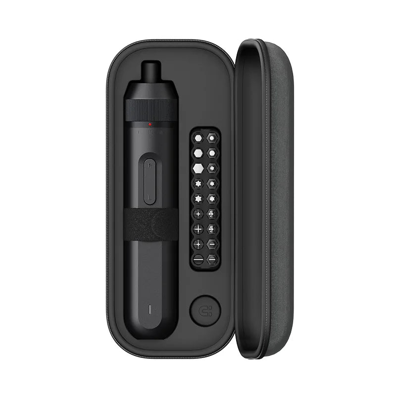 A black electric screwdriver with a cylindrical body and a side panel showing various buttons and controls.