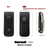 Black model handcrafted genuine leather folding knife case shown with front and back views