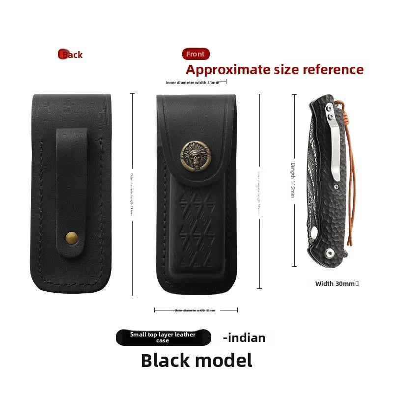 Black model handcrafted genuine leather folding knife case shown with front and back views