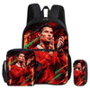 A red and black football player graphic on a backpack and pencil bag set.