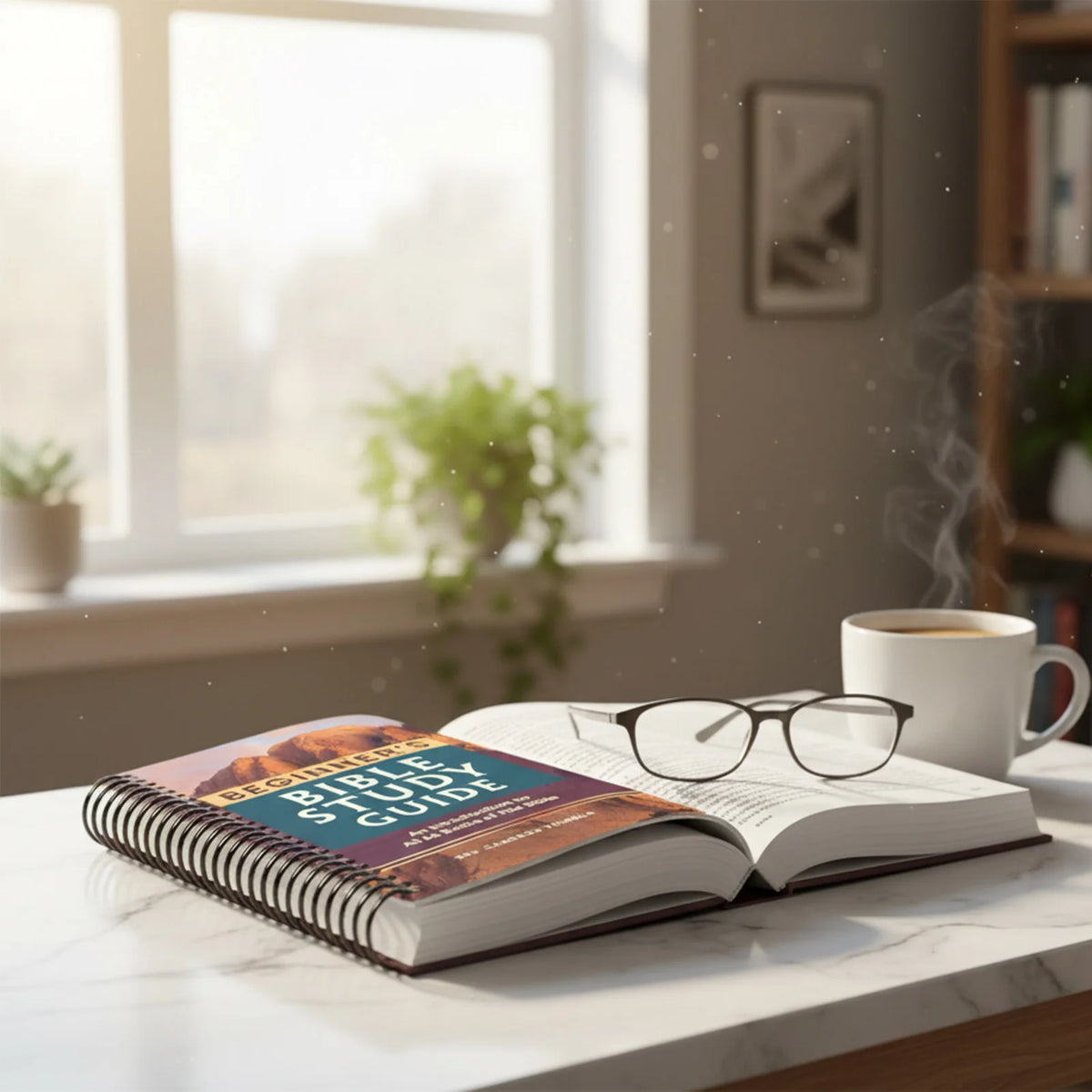 An open book titled Beginner's Bible Study Guide resting on a white table next to reading glasses and a cup of coffee.