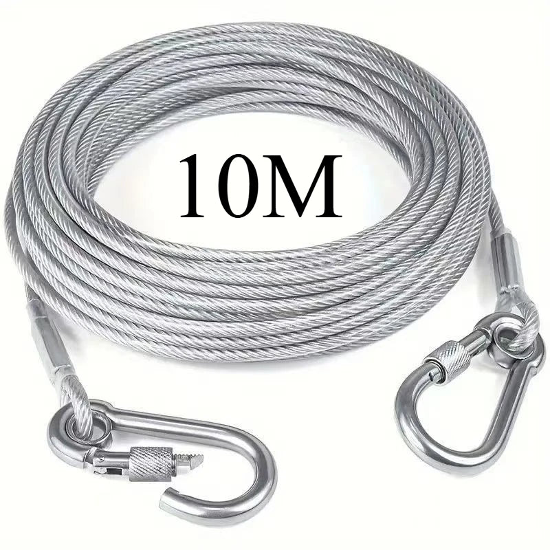 Una madeja de cuerda de ropa de acero inoxidable de 10 metros resistente con un gancho metálico.