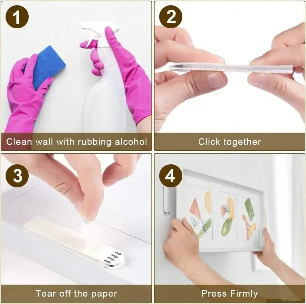 Four steps demonstrating how to use reusable double-sided adhesive strips for frames and decor