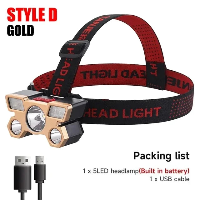 A red and black adjustable strap headlamp with a gold-colored light unit and an included USB cable.